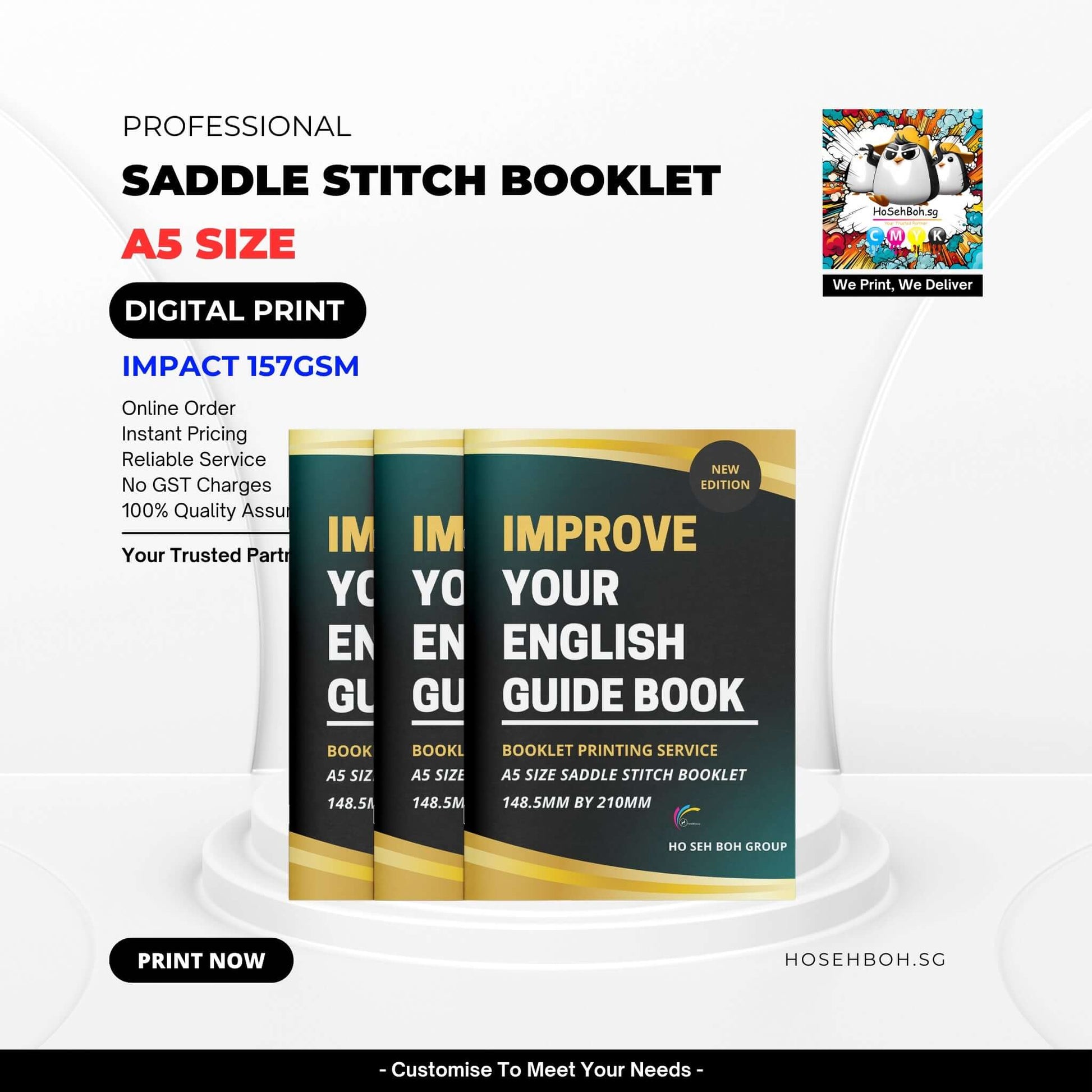Professional A5 size Saddle Stitch booklet showcasing digital print and online order options for improved quality.