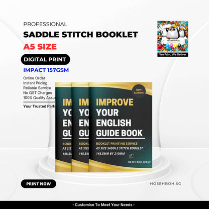 Professional A5 size Saddle Stitch booklet showcasing digital print and online order options for improved quality.
