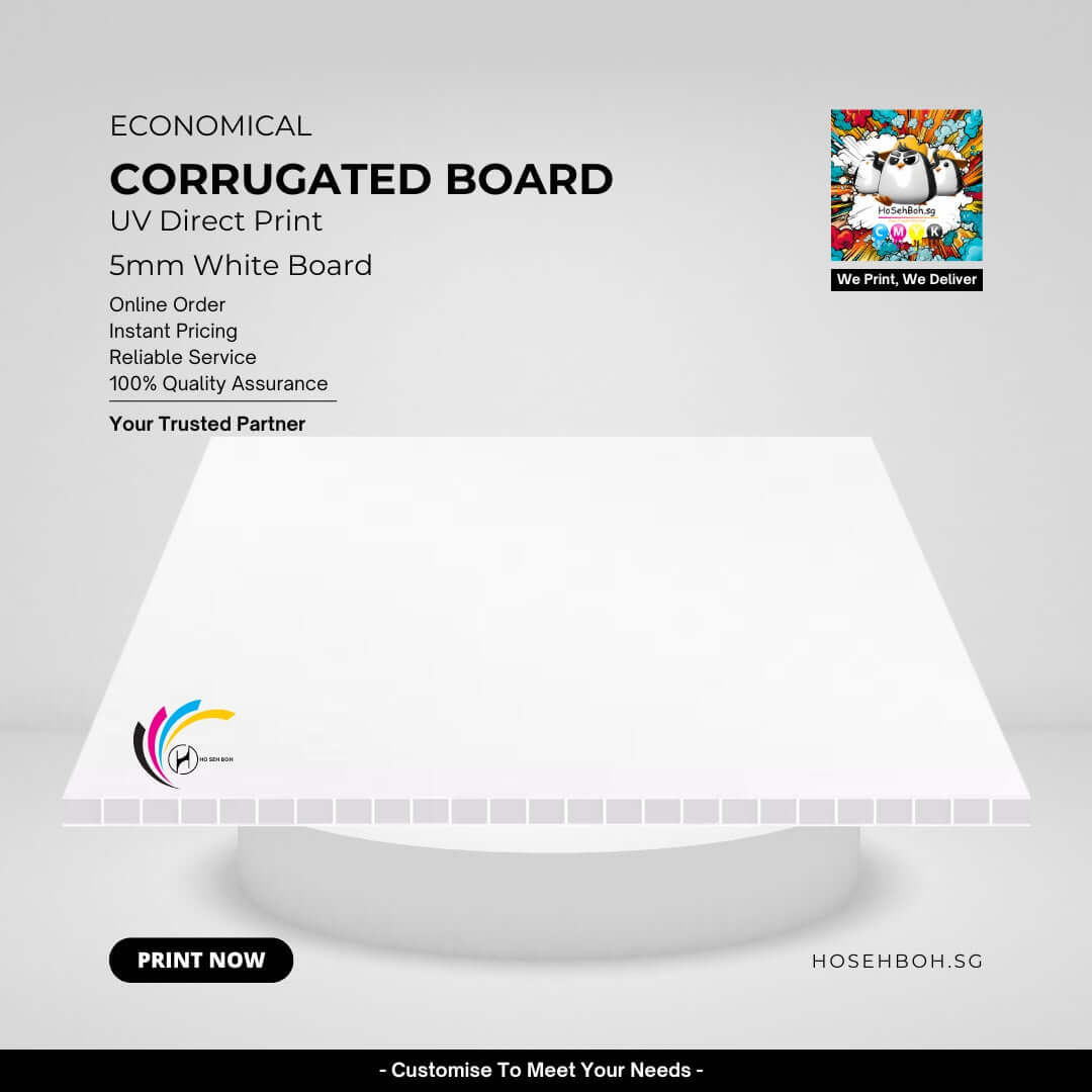 Corrugated board with UV direct print, 5mm white board, ideal for custom sizes and online ordering.