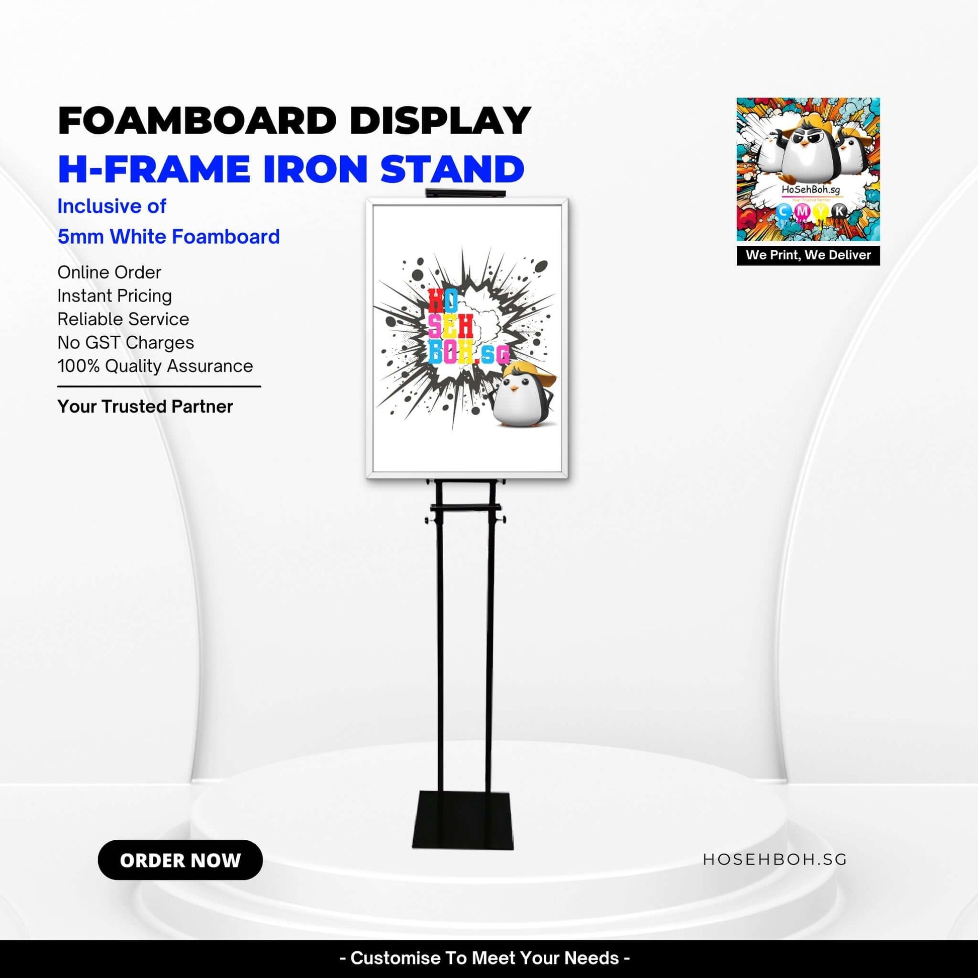 H-Frame Iron Stand Foamboard Display showcasing vibrant design, stable for retail promotions and events. Order from Ho Seh Boh Group Singapore.