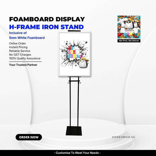 H-Frame Iron Stand Foamboard Display showcasing vibrant design, stable for retail promotions and events. Order from Ho Seh Boh Group Singapore.