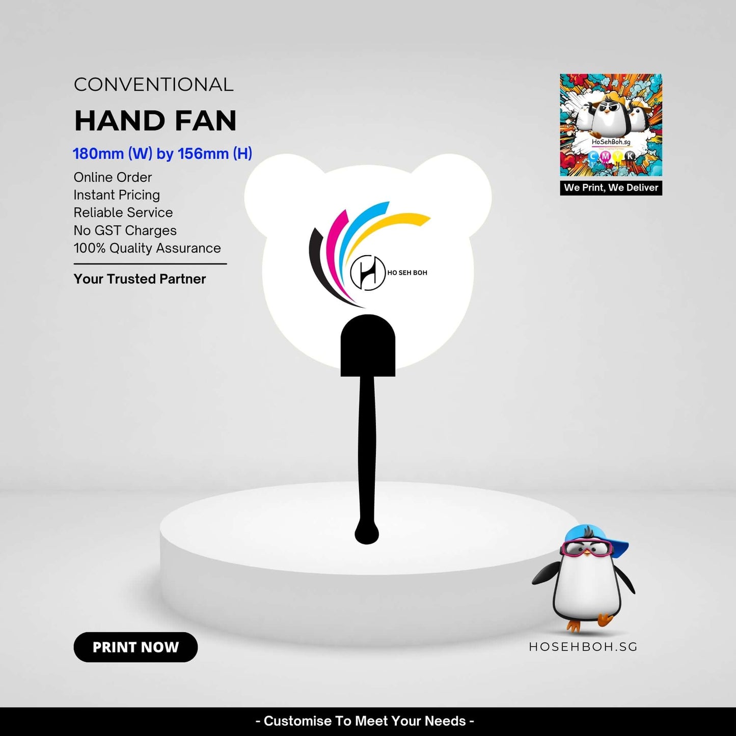 Custom hand fan with teddy bear design and black handle, promoting print service in Singapore.