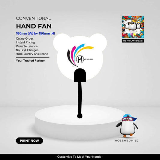 Custom hand fan with teddy bear design and black handle, promoting print service in Singapore.