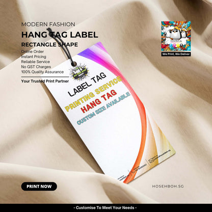 Modern fashion rectangular hang tag label, showcasing printing service and instant pricing on a soft fabric background.