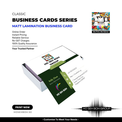 Matt Lamination Business Card showcasing features like online order and quality assurance, focused on Namecard printing.