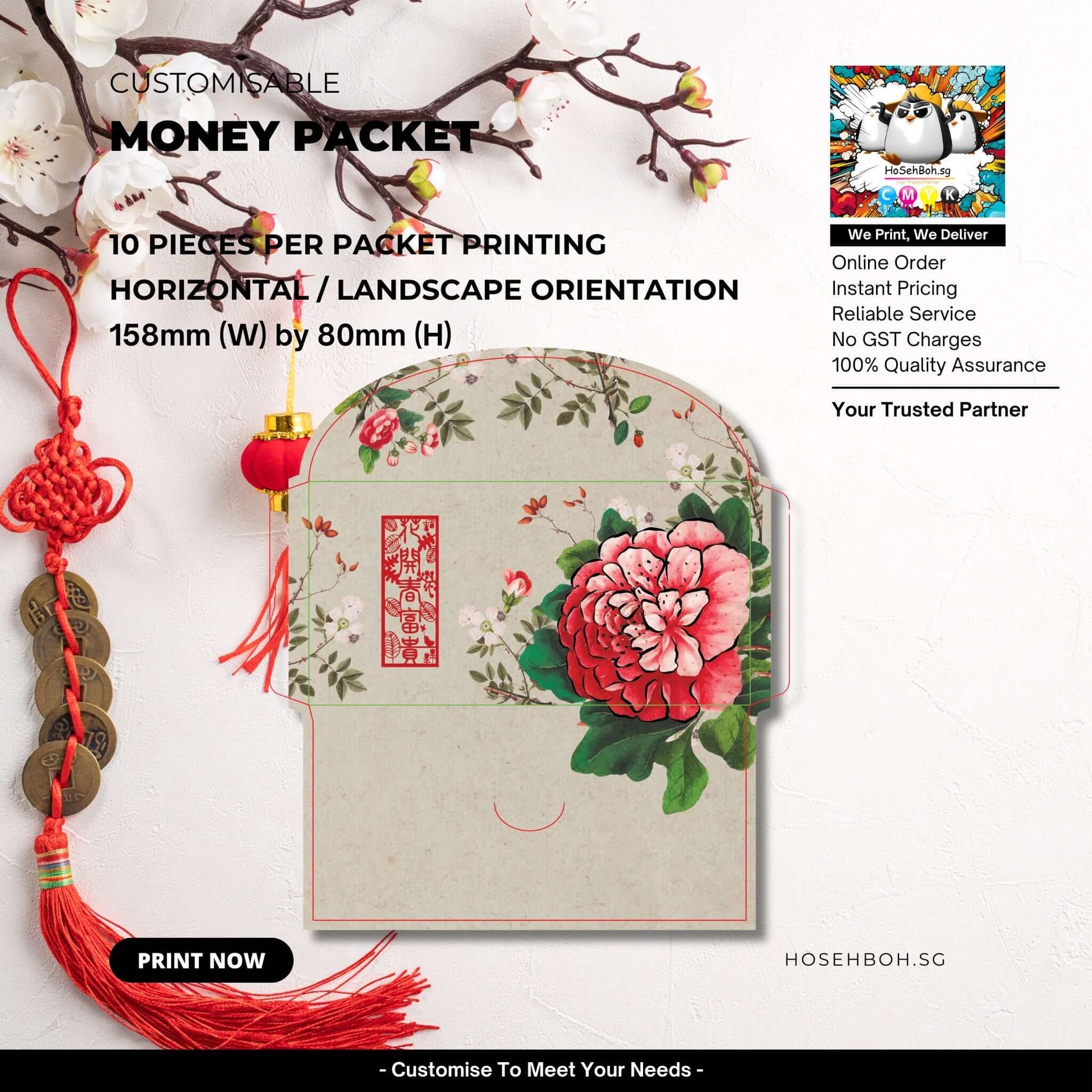 Customised red money packet design with floral details for gifting on festive occasions in Singapore.