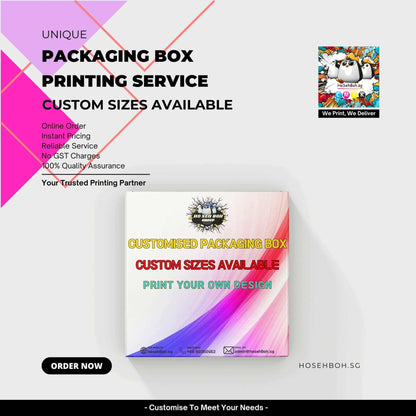 Unique packaging box printing service featuring custom sizes available, instant pricing and reliable service for businesses.