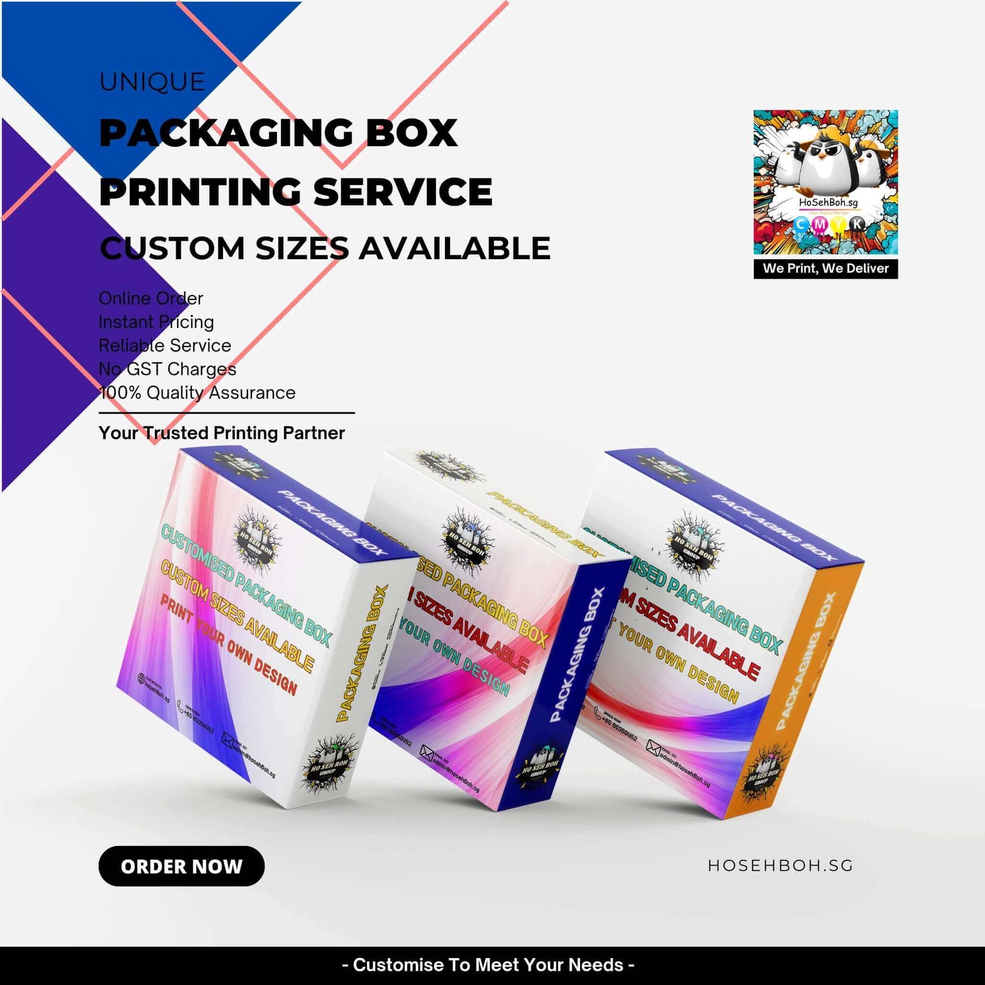 Packaging box printing service showcasing custom sizes and design options for business needs.