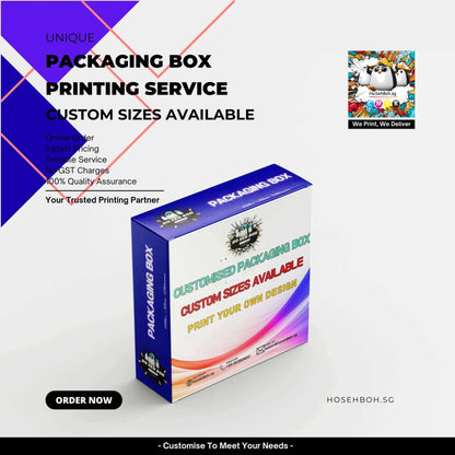 Colourful packaging box printing service with custom sizes available for unique business needs.