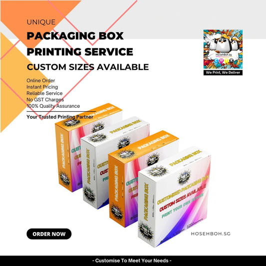 Packaging box printing service featuring custom sizes available for order at hosehBoh.sg