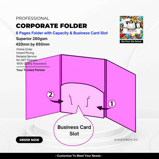 Professional paper folder design showcasing business card slot and 6 pages capacity, superior 260gsm quality.