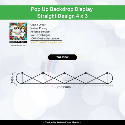 Top view of a Straight 4x3 Pop Up Backdrop Display System, showcasing dimensions and design.