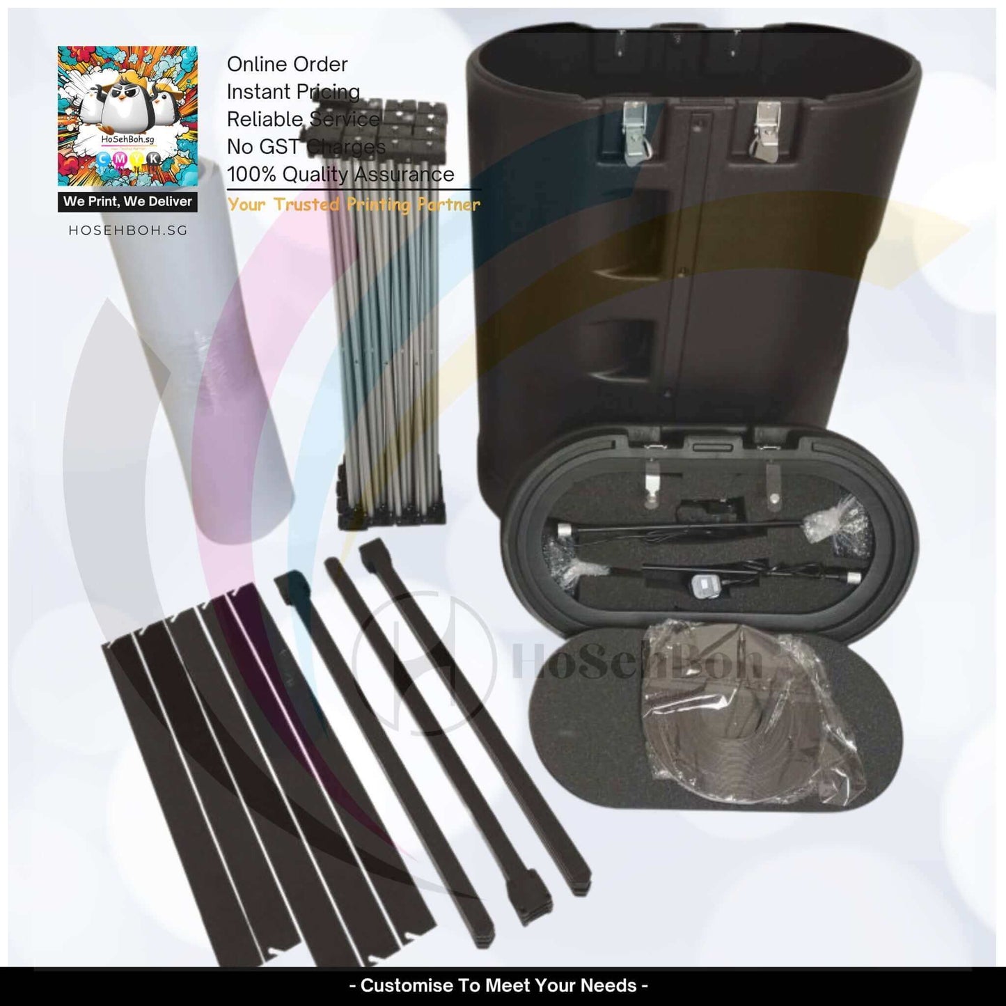 Pop up display system components including frame, base, and carrying case for easy setup by Ho Seh Boh Group Singapore.