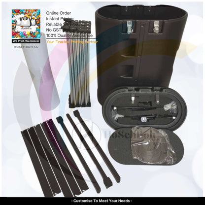 Pop up display system components including frame, base, and carrying case for easy setup by Ho Seh Boh Group Singapore.