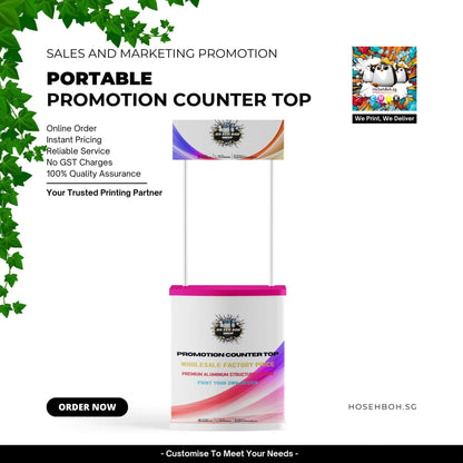 Portable Promotion Counter Top for sales and marketing promotions, featuring online order, instant pricing, and quality assurance.