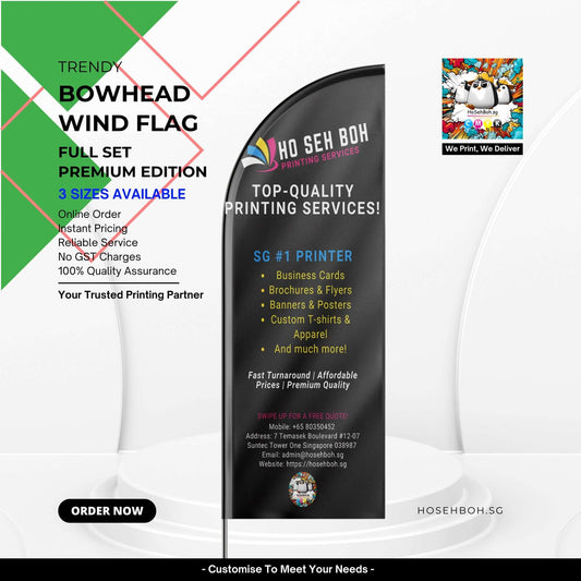 Trendy Bowhead Wind Flag from Ho Seh Boh Group Singapore showcasing premium printing services and promotional options.