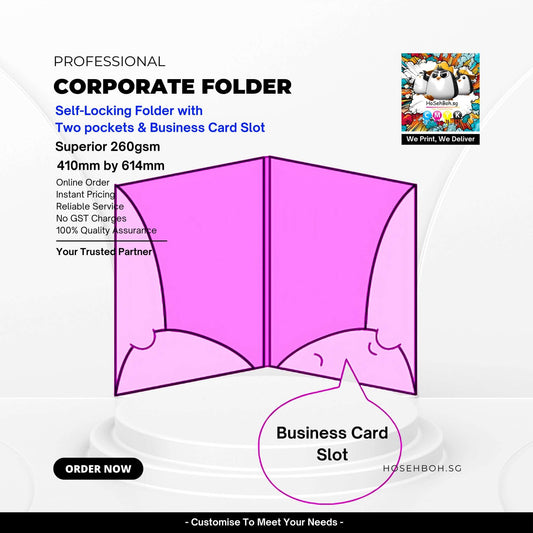 Professional corporate paper folder design with business card slot and two pockets; Superior 260gsm, 410mm x 614mm.
