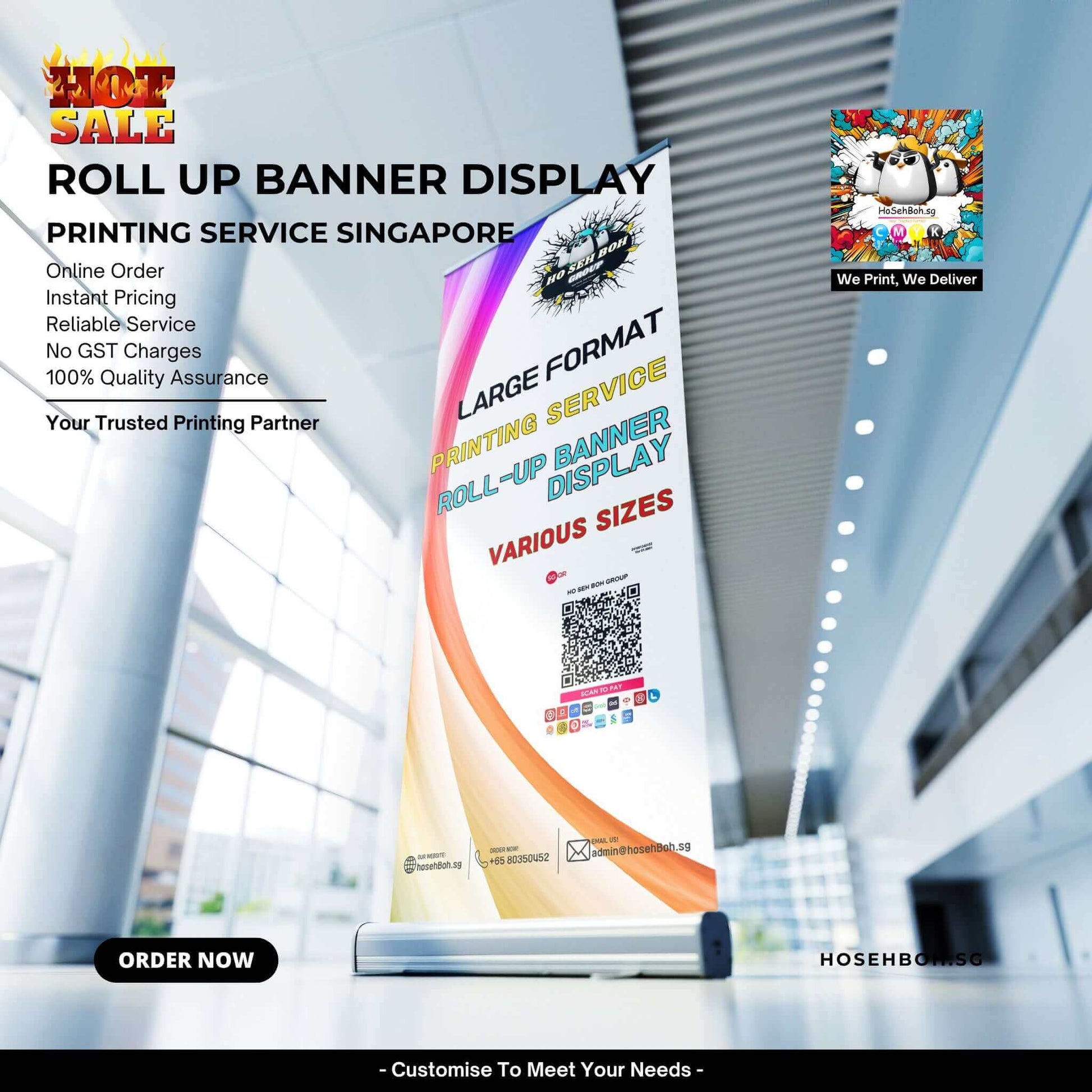 Roll up banner display showcasing printing services in Singapore. Various sizes and quality assurance. Order now!