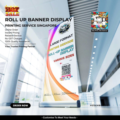 Roll up banner display showcasing printing services in Singapore. Various sizes and quality assurance. Order now!