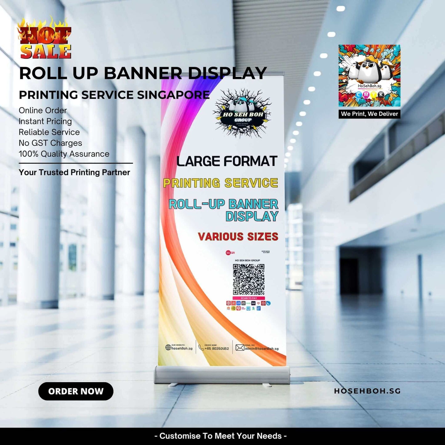 Roll up banner display showcasing printing services in Singapore with online ordering and various sizes available.