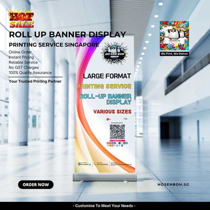 Roll up banner display showcasing printing services in Singapore with online ordering and various sizes available.