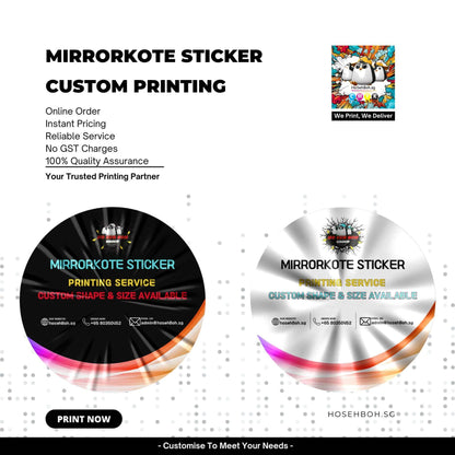 MirrorKote sticker custom printing service with instant pricing and quality assurance for unique shapes and sizes.