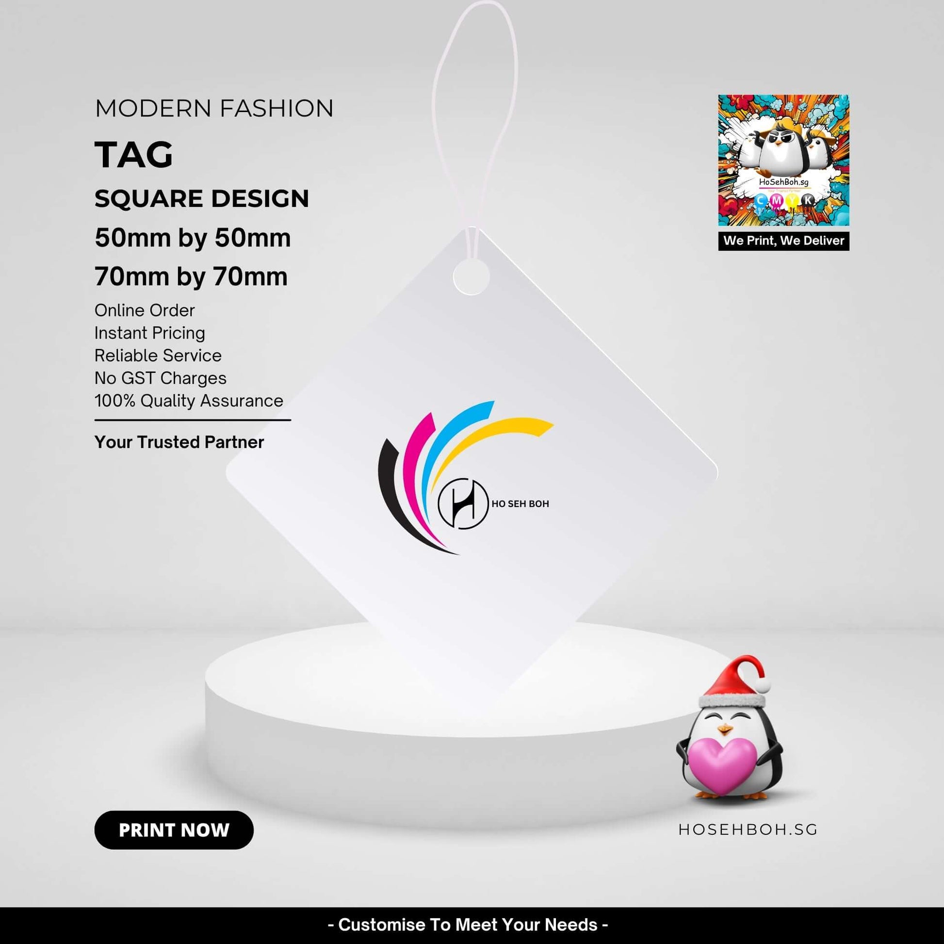 Square hang tag design featuring customizable branding with online order and instant pricing options from Ho Seh Boh Group.