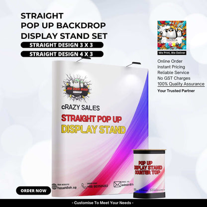 Straight pop-up backdrop display stand set with counter for promotional events, featuring vibrant design and easy setup.