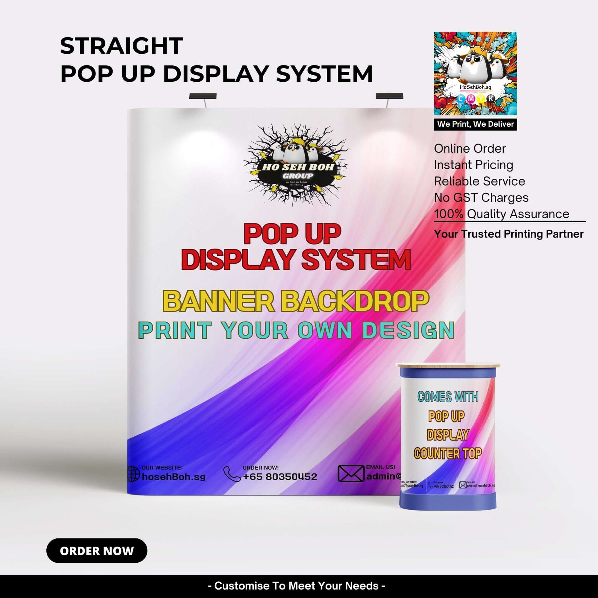 Straight Pop Up Display Stand System with customizable banner backdrop for events and promotions.