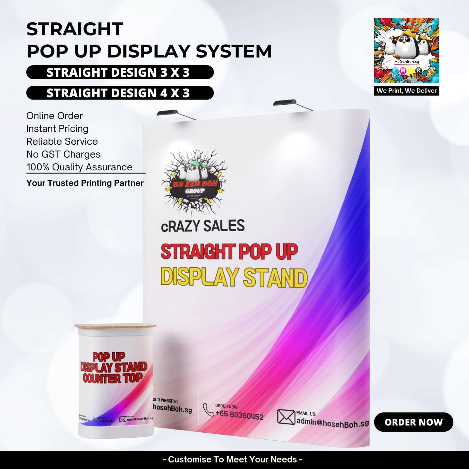 Pop Up Display Stand System featuring a Straight Pop Up Display stand and counter top for promotional events.