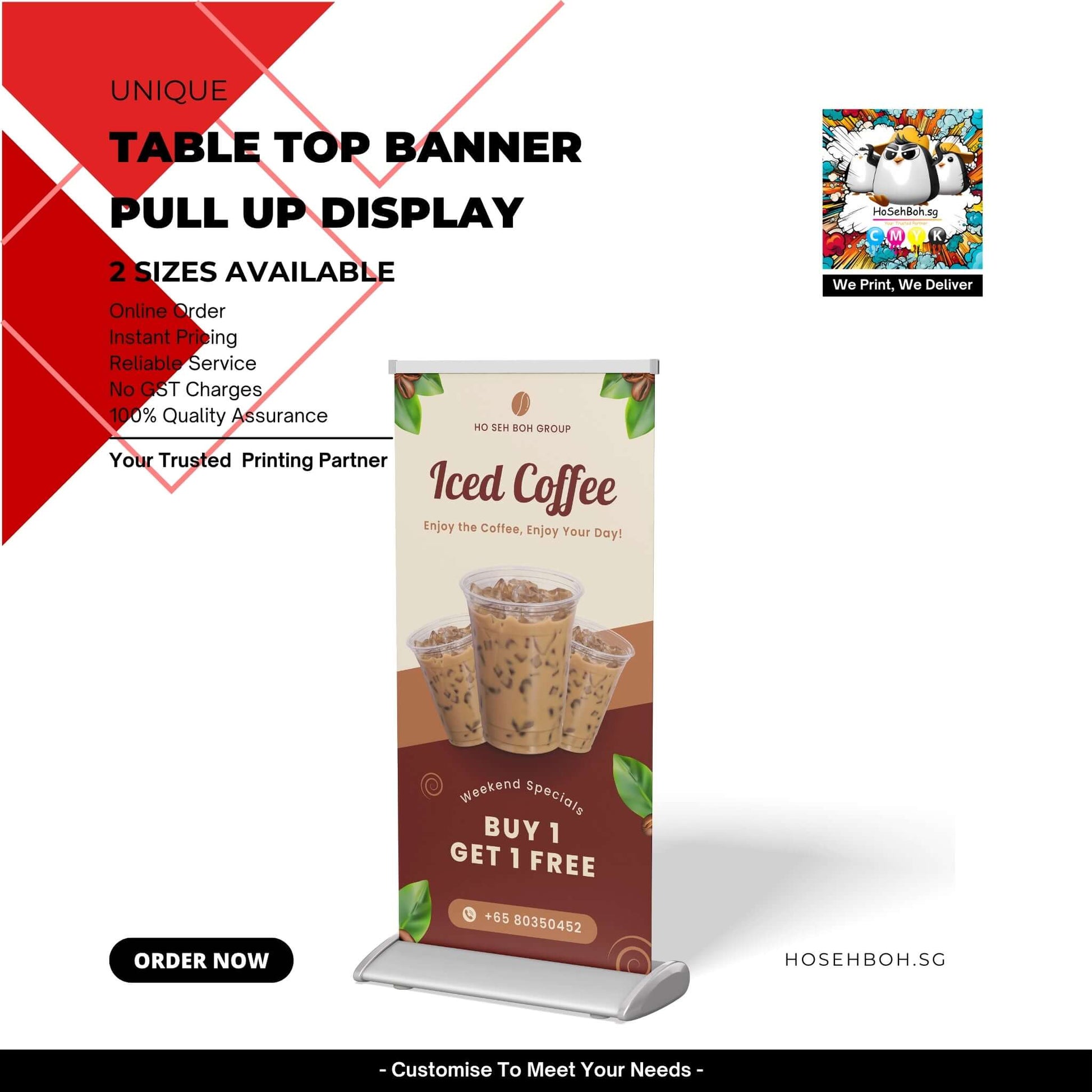 Tabletop Banner Printing display featuring iced coffee promotional design and ordering information.