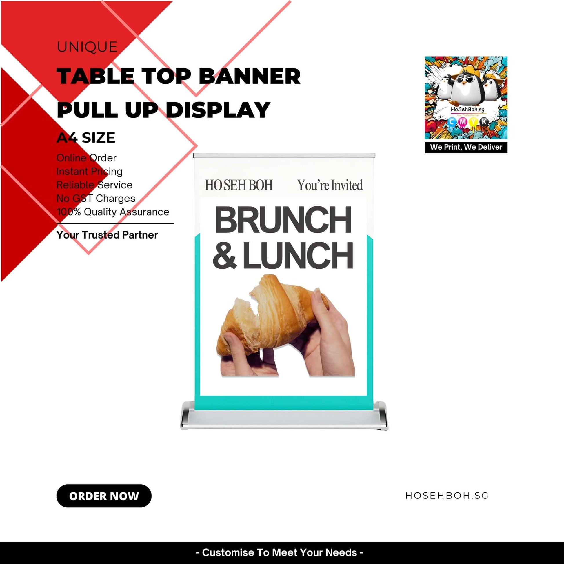 Tabletop Banner Printing showcasing brunch and lunch promotion in A4 size pull up display.
