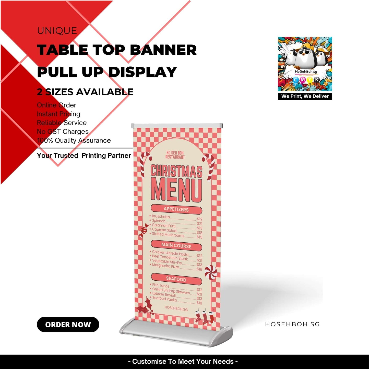 Tabletop Banner Printing for Christmas menu display with pull-up design, available in two sizes for effective marketing.