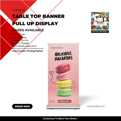 Tabletop Banner Printing showcasing a colorful pull-up display with delicious macarons.