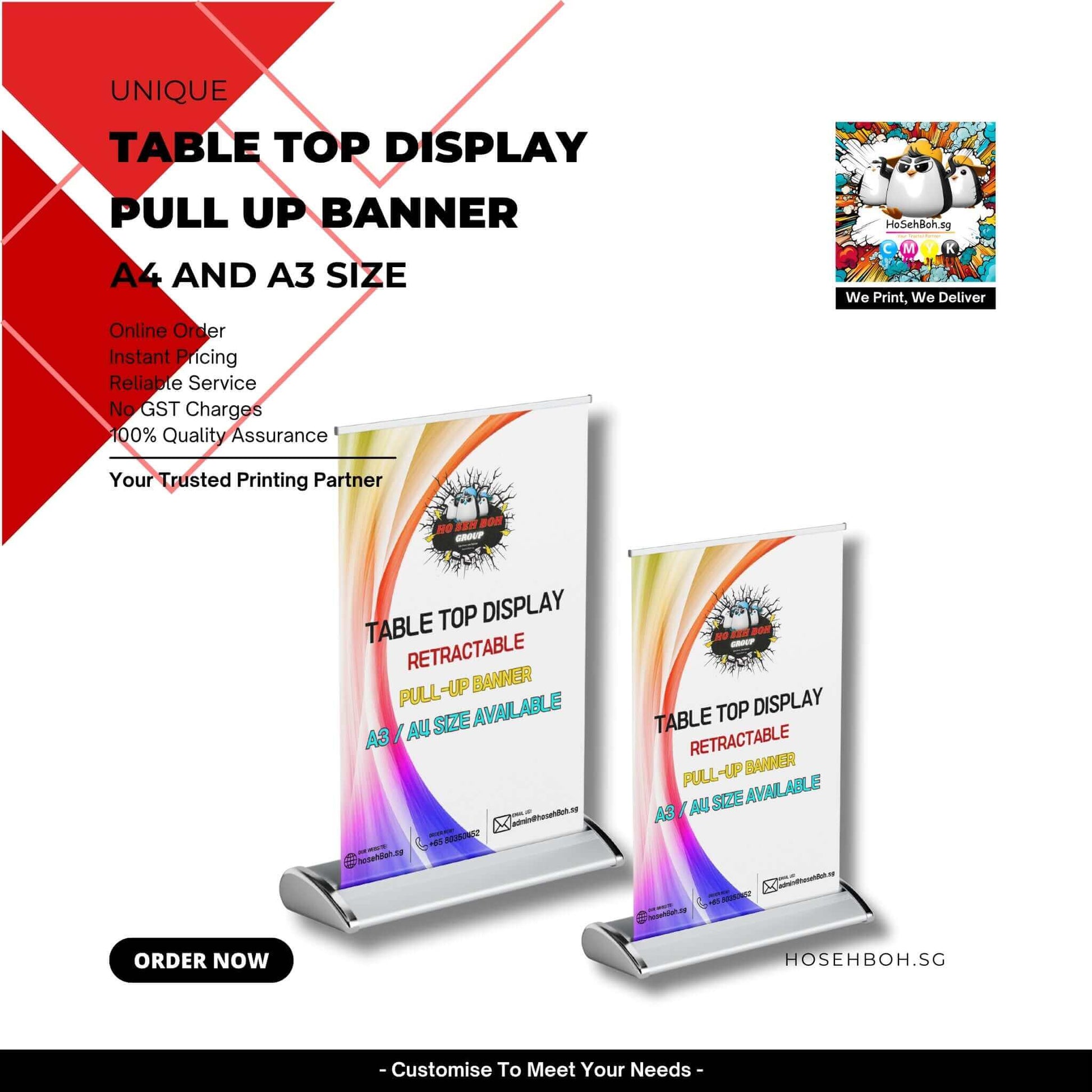 Tabletop Banner Printing showcasing unique tabletop display pull up banners in A4 and A3 sizes.