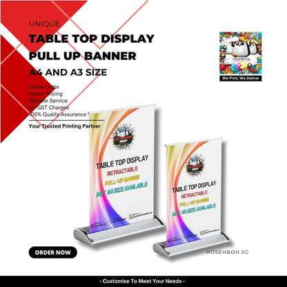 Tabletop Banner Printing showcasing unique tabletop display pull up banners in A4 and A3 sizes.