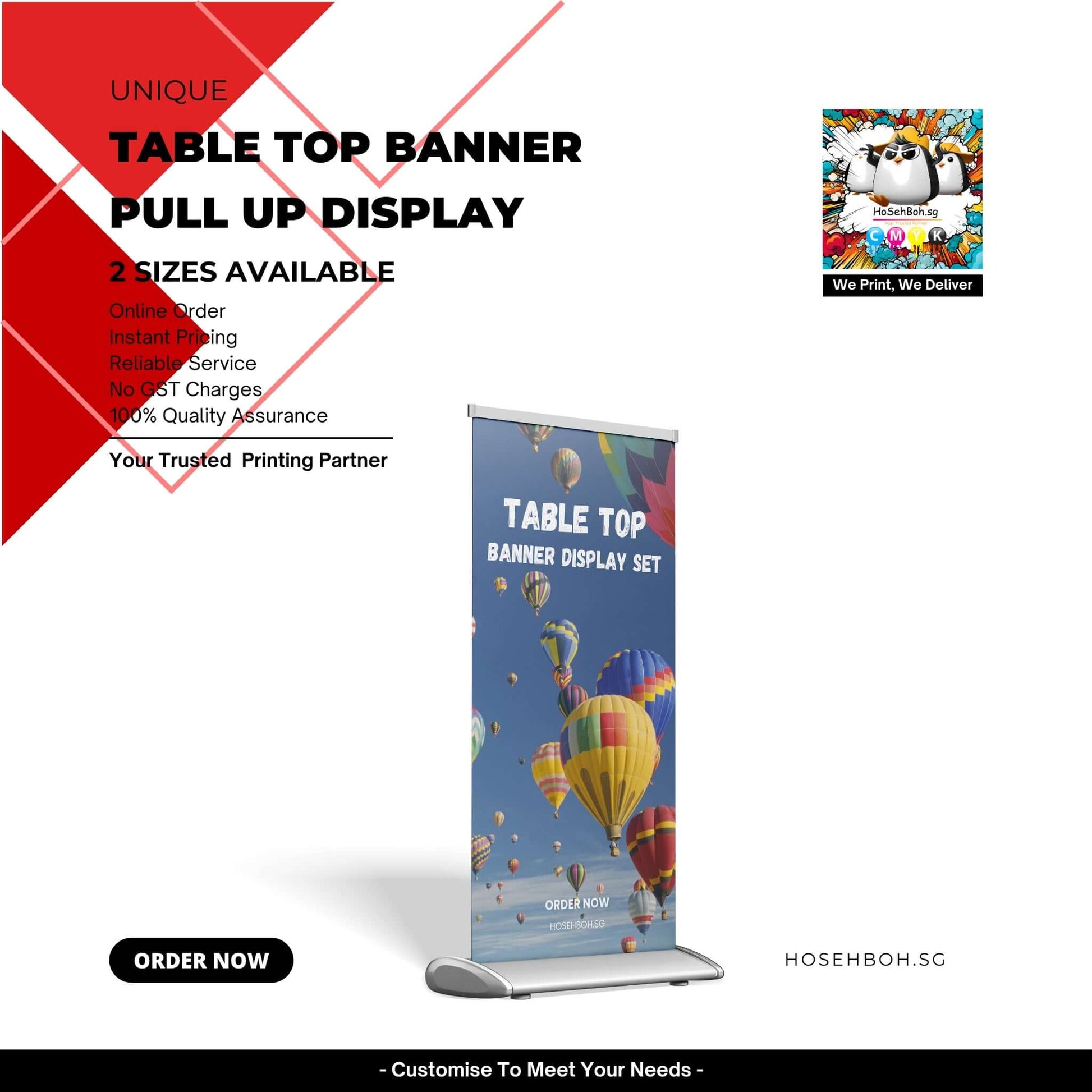 Tabletop Banner Printing for pull up display with colorful balloon designs, available in 2 sizes.