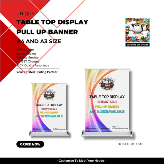 Tabletop Banner Printing showcasing unique pull-up banner designs in A4 and A3 sizes.