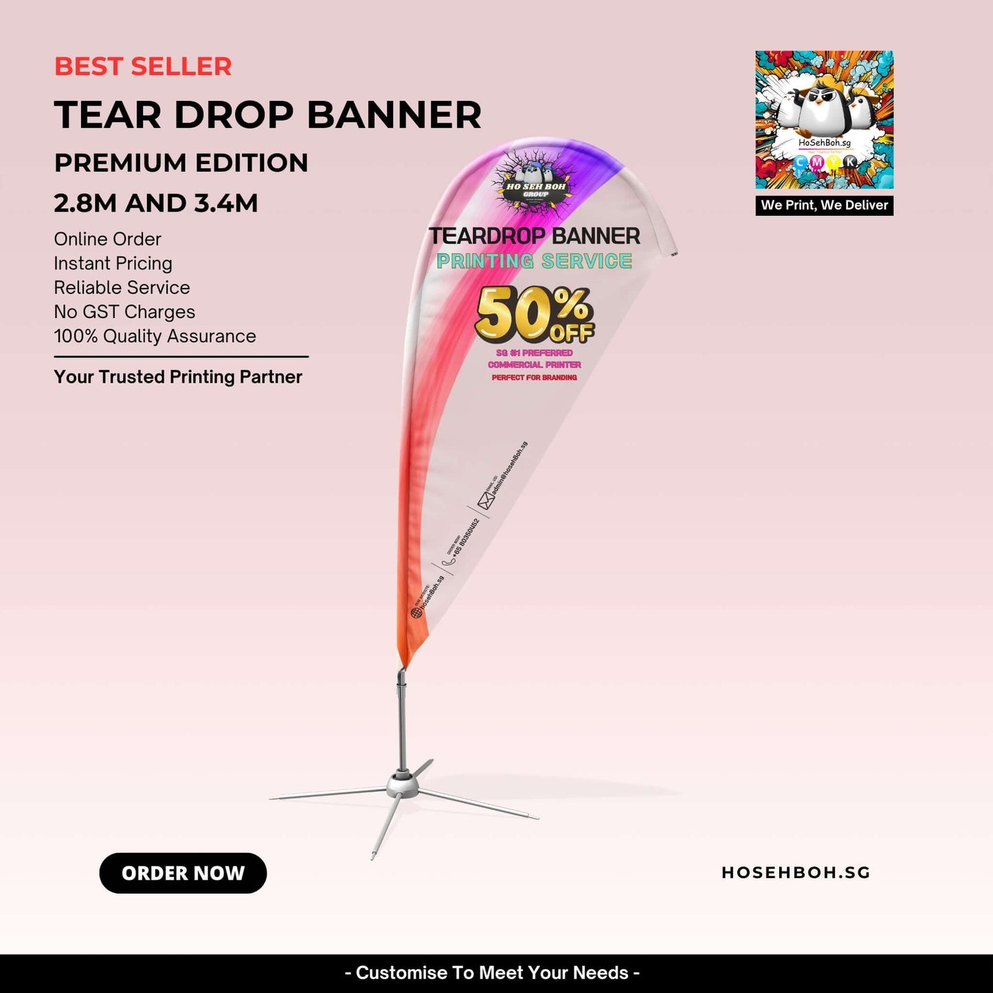 Teardrop banner displaying vibrant design and promotional offer, available in 2.8m and 3.4m sizes.