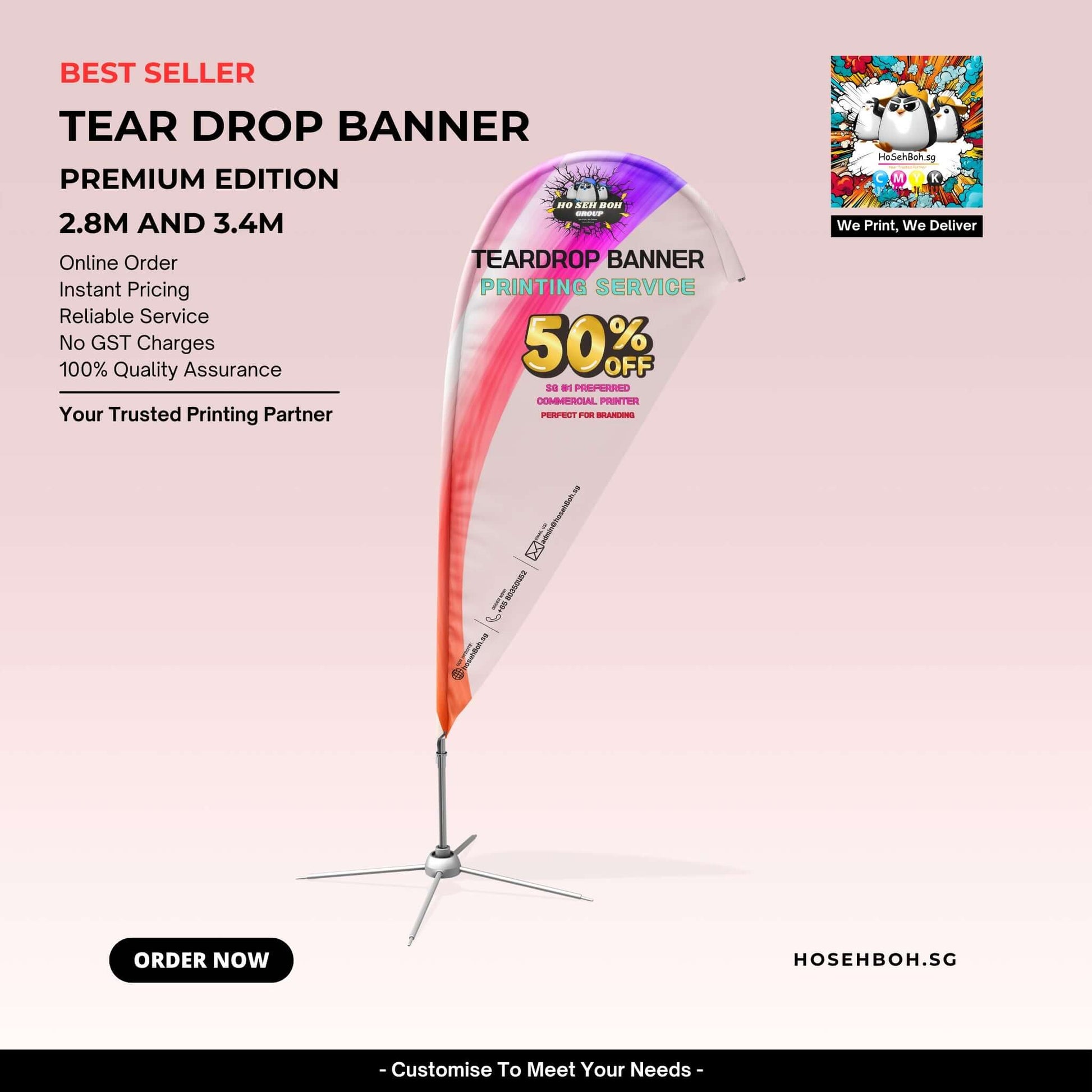 Teardrop banner displaying vibrant design and promotional offer, available in 2.8m and 3.4m sizes.