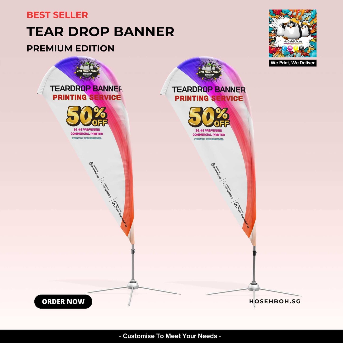 Teardrop banner printing service premium edition with discount signage showcasing unique tear drop design.
