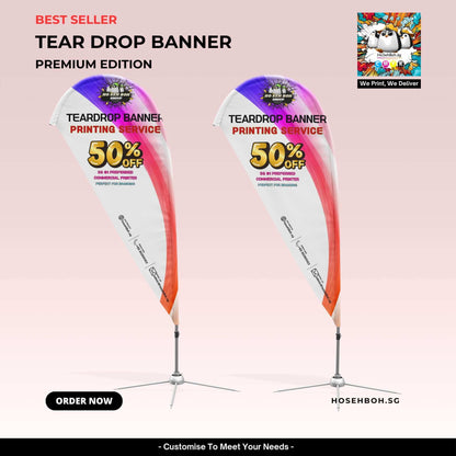 Teardrop banner printing service premium edition with discount signage showcasing unique tear drop design.