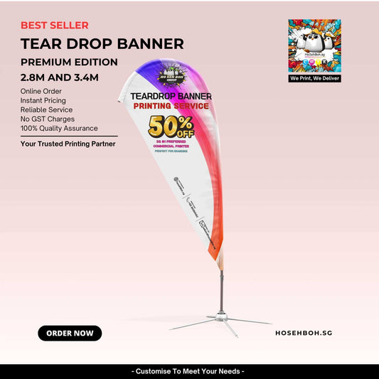 Teardrop banner printing with 50% off, premium edition in 2.8m and 3.4m sizes, showcasing by Ho Seh Boh Group.