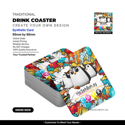 Colorful custom drink coasters by Ho Seh Boh Group is designed for personalized branding, showcasing quality coaster printing.