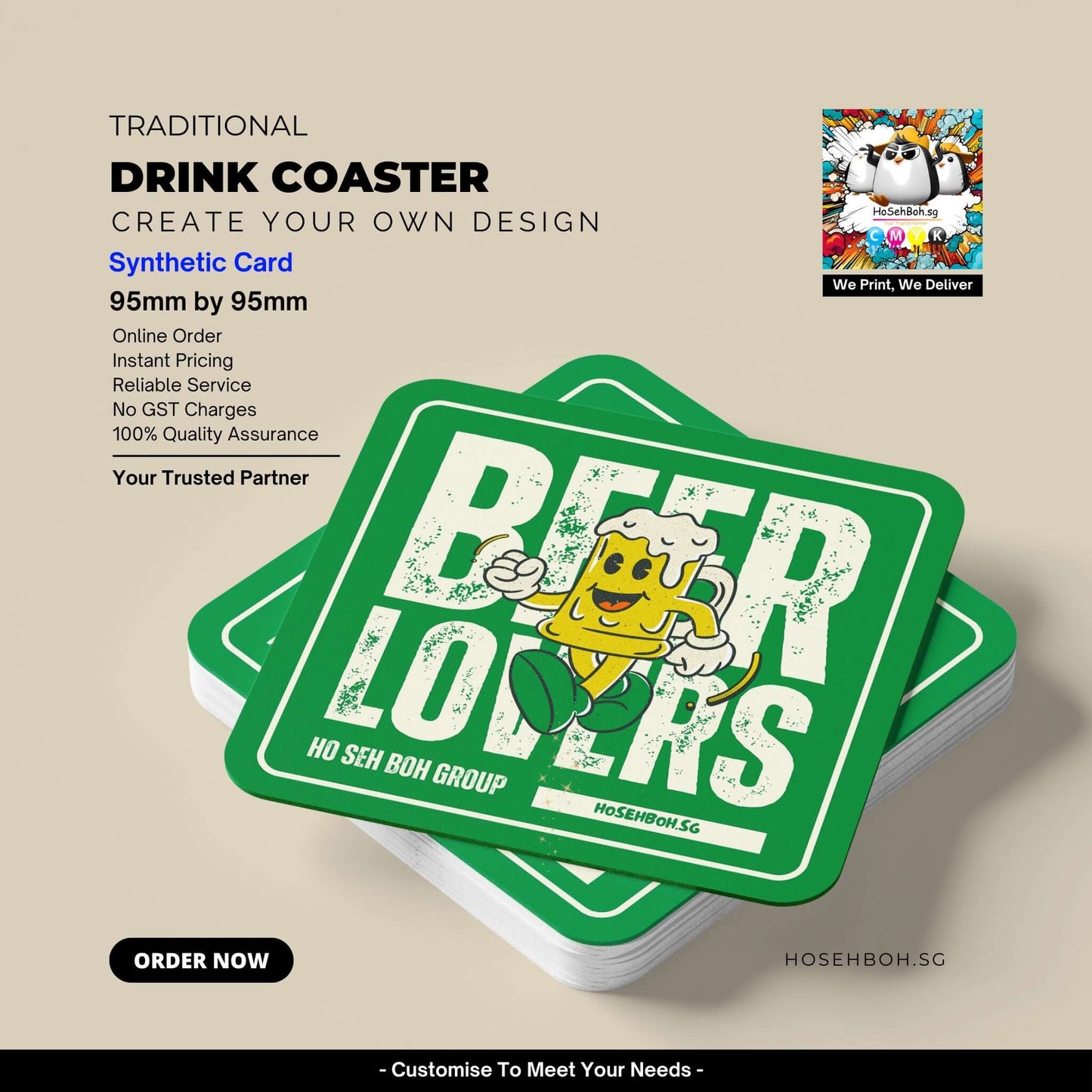 Customized drink coaster design featuring a cartoon beer character, ideal for Singapore's restaurants and bars.
