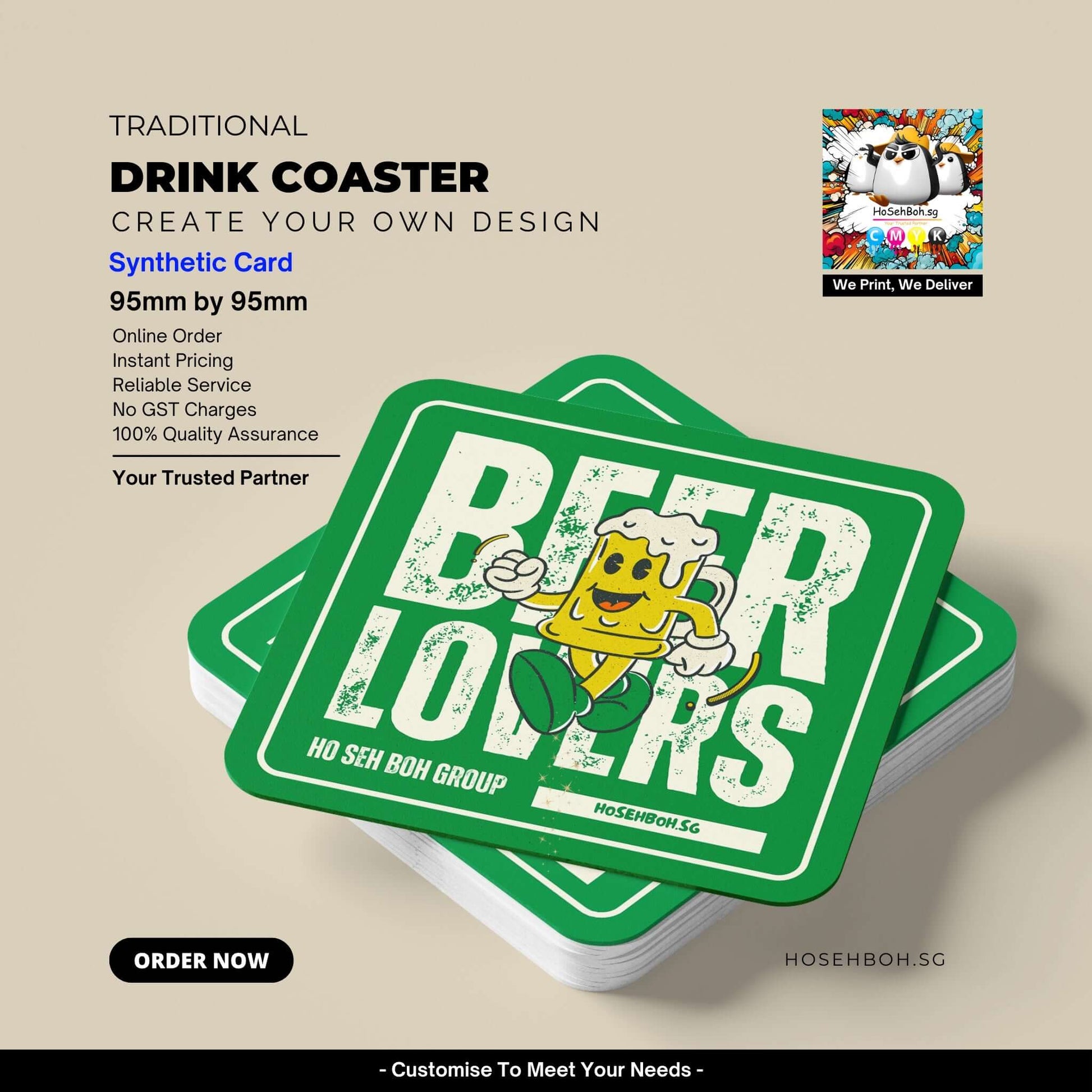 Customized drink coaster design featuring a cartoon beer character, ideal for Singapore's restaurants and bars.