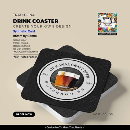 Customized traditional drink coaster design showcasing beer, 95mm x 95mm, from Ho Seh Boh Group for restaurants and bars.