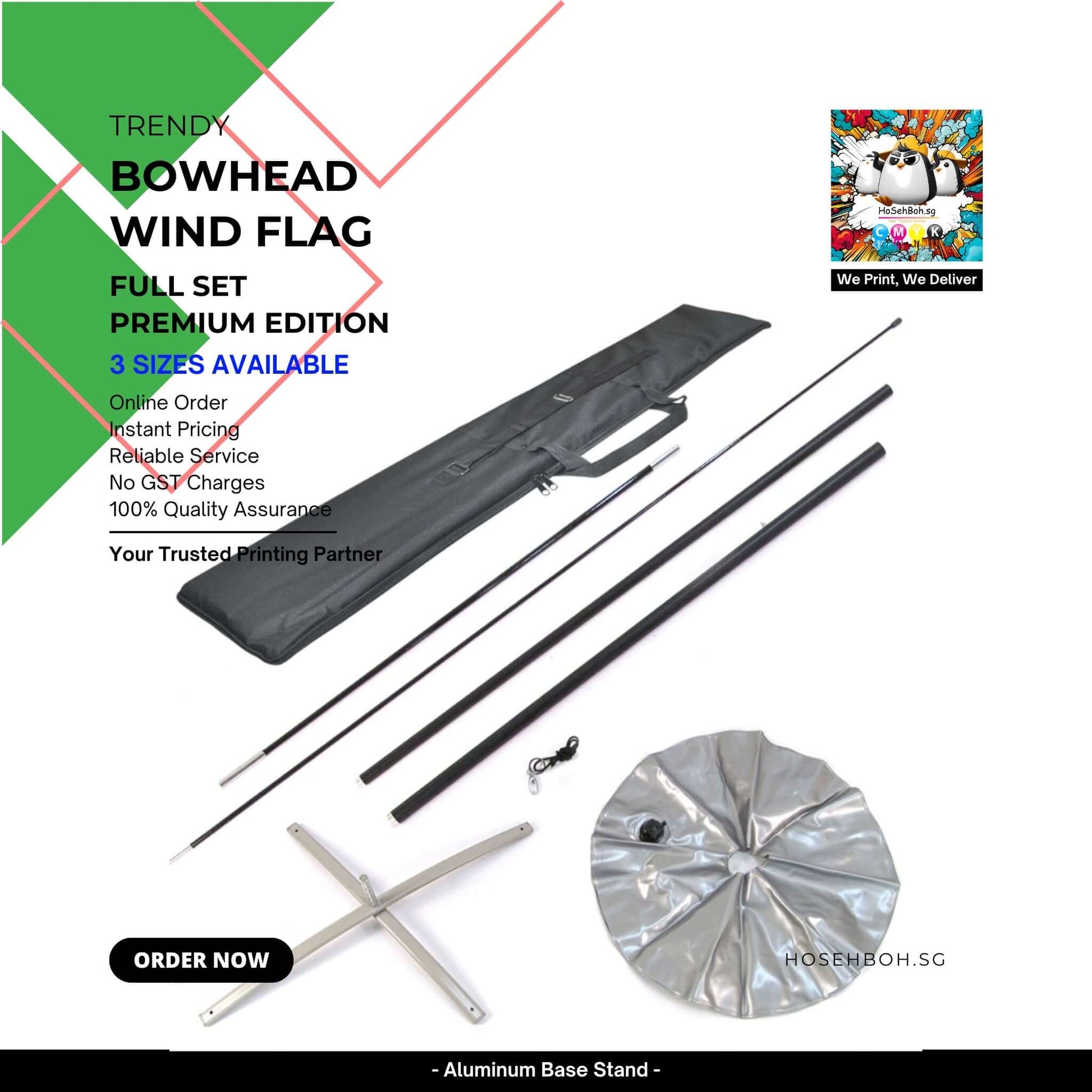 Bowhead Wind Flag full set with aluminum base stand, lightweight and portable for effective marketing displays.