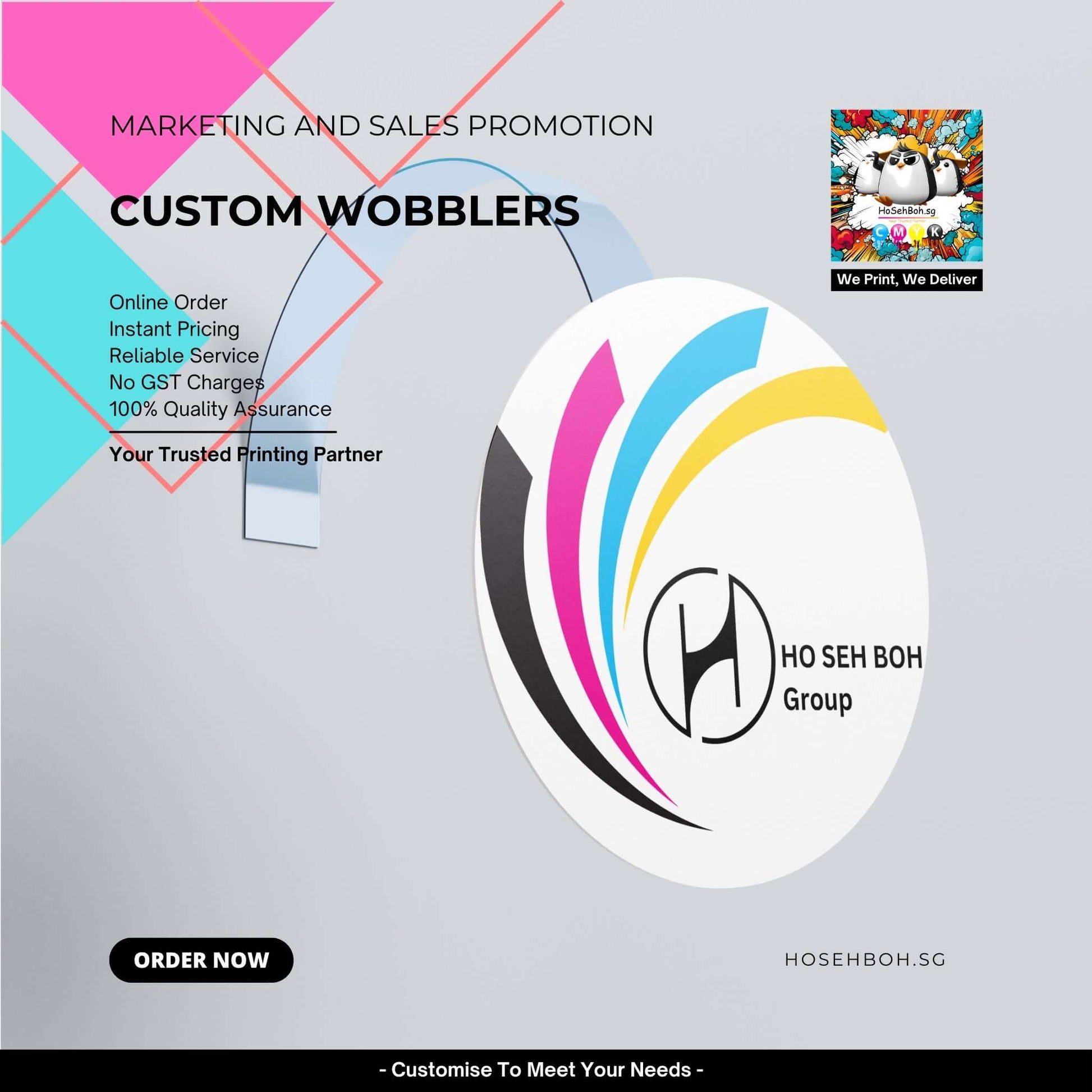 Custom wobbler marketing and sales promotion layout with Ho Seh Boh Group branding, showcasing wobbler printing Singapore.